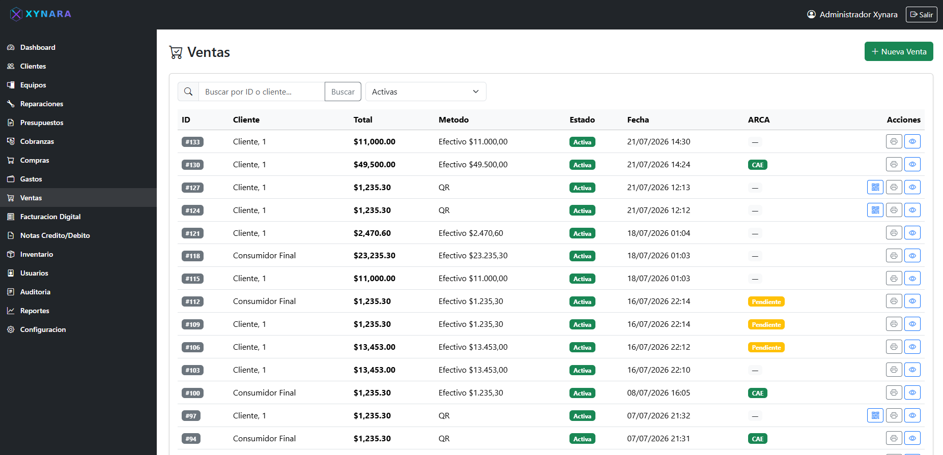 Registro de ventas y facturación